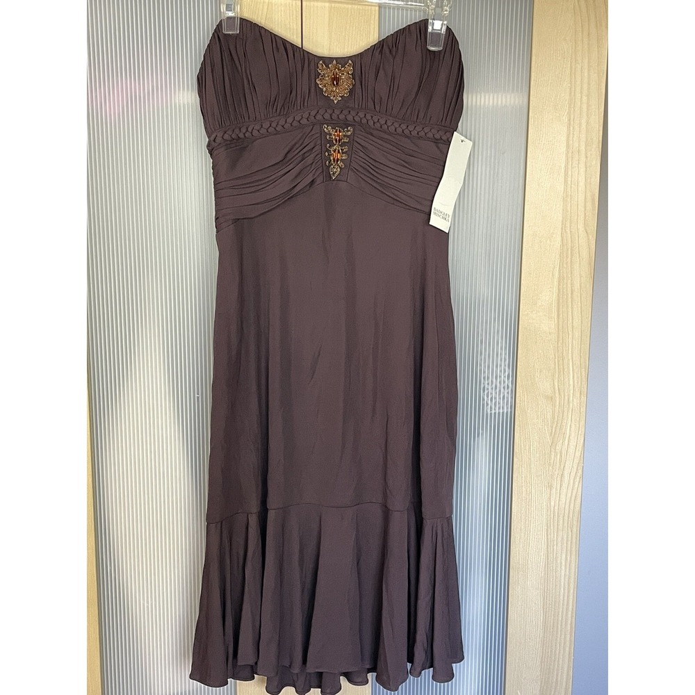 Badgley Mischka Womens Beaded Sleeveless A-Line Dress Brown Sz 4‎ Small Designer